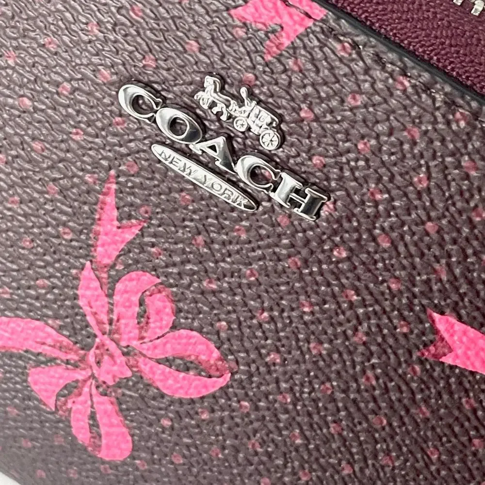 Coach CZ327 Pink Bow Long Zip Wallet Merlot Canvas Phone Wristlet